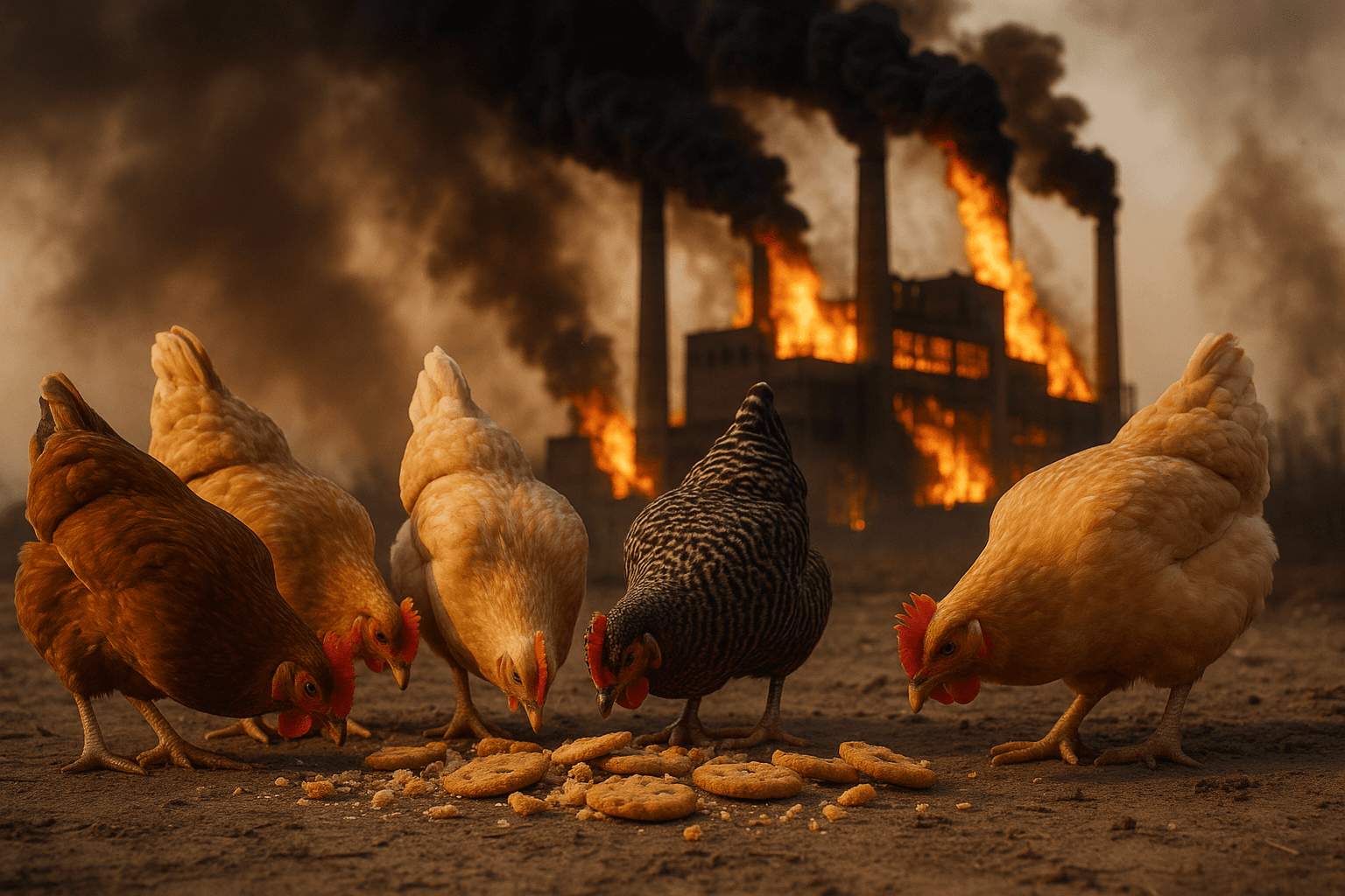 Chickens eating cookies with factory in background